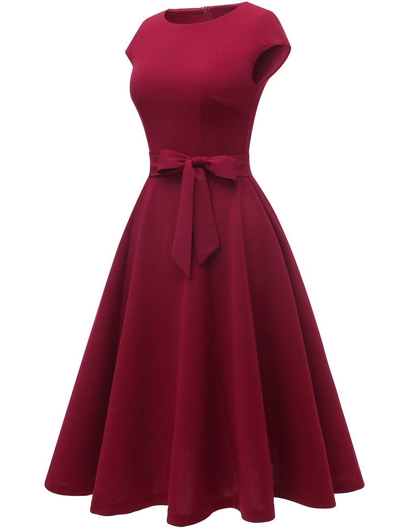 DRESSTELLS Red Valentines Party Date Night Dress, Women's Coctail Dresses for Wedding Guest Formal Modest Vintage Knee Length Work Dress Burgundy M - Image 2
